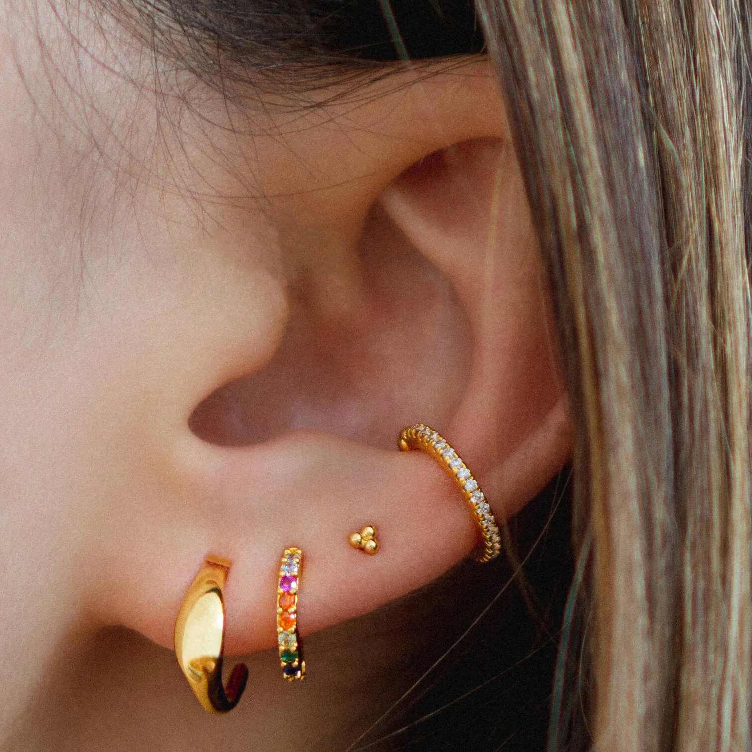 Tiny Trinity Ball Back Earrings in 14k Gold - Image 2