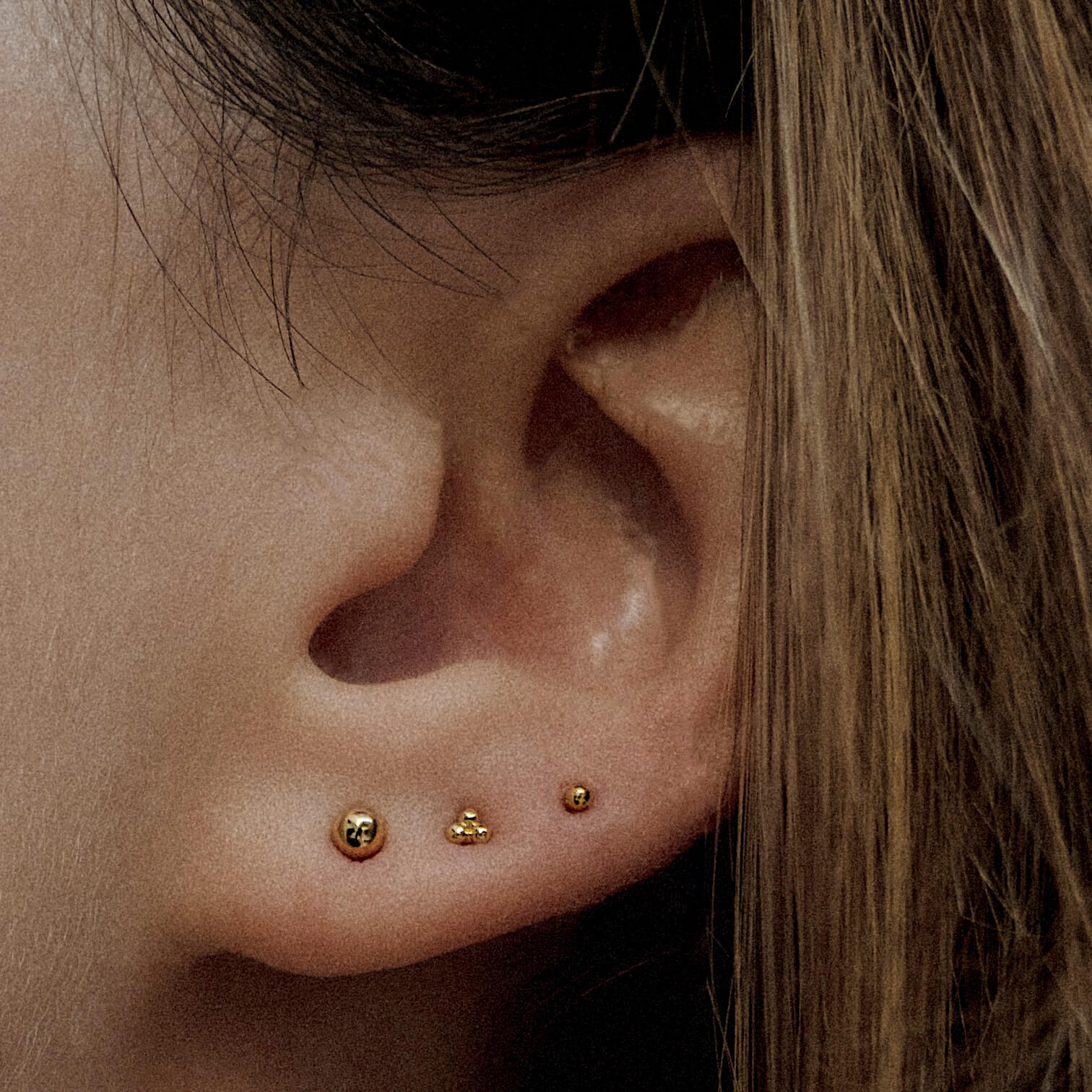 Tiny Trinity Ball Back Earrings in 14k Gold - Image 3